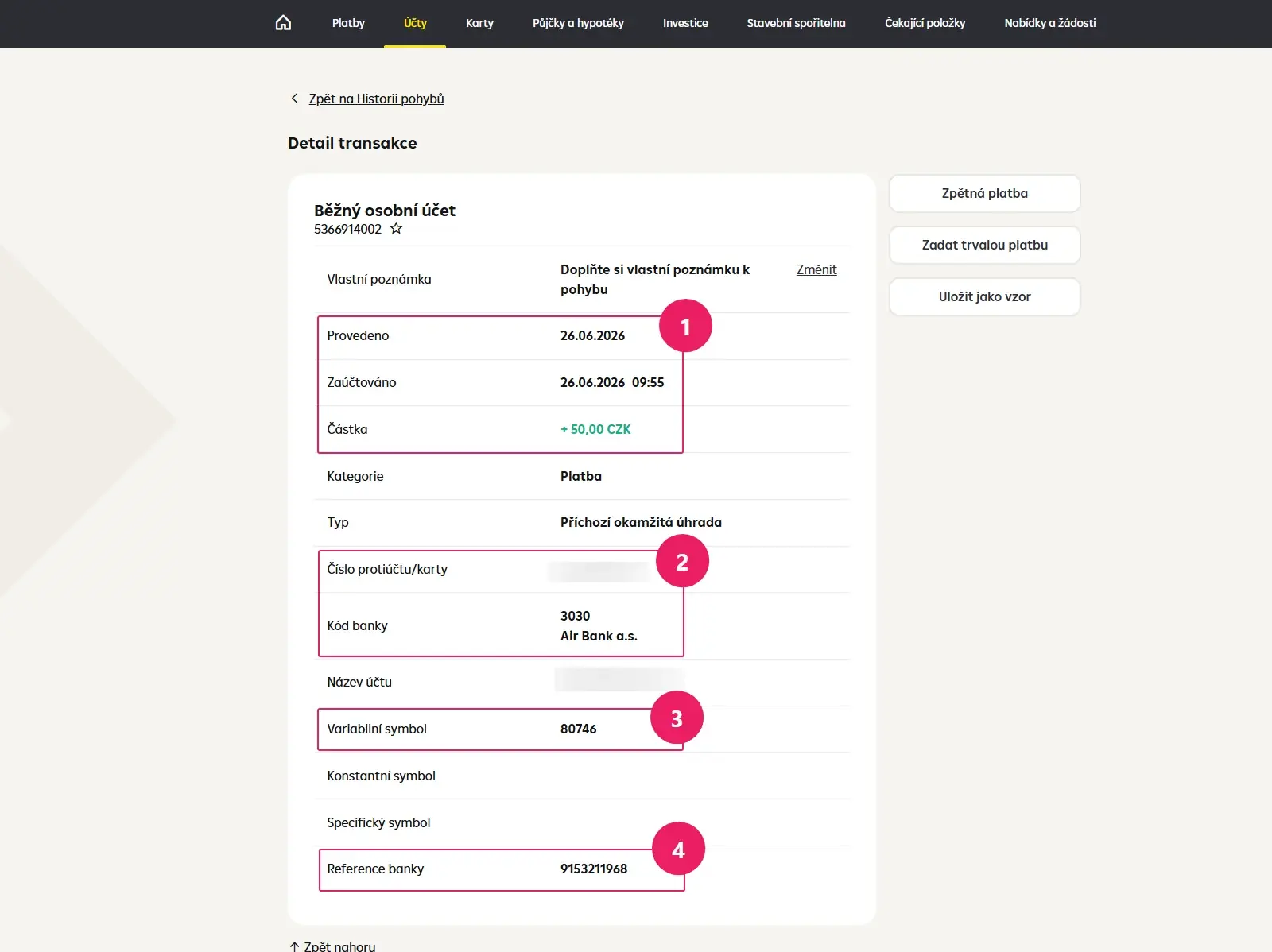 Internetové bankovnictví Raiffeisenbank: potvrzení o platbě