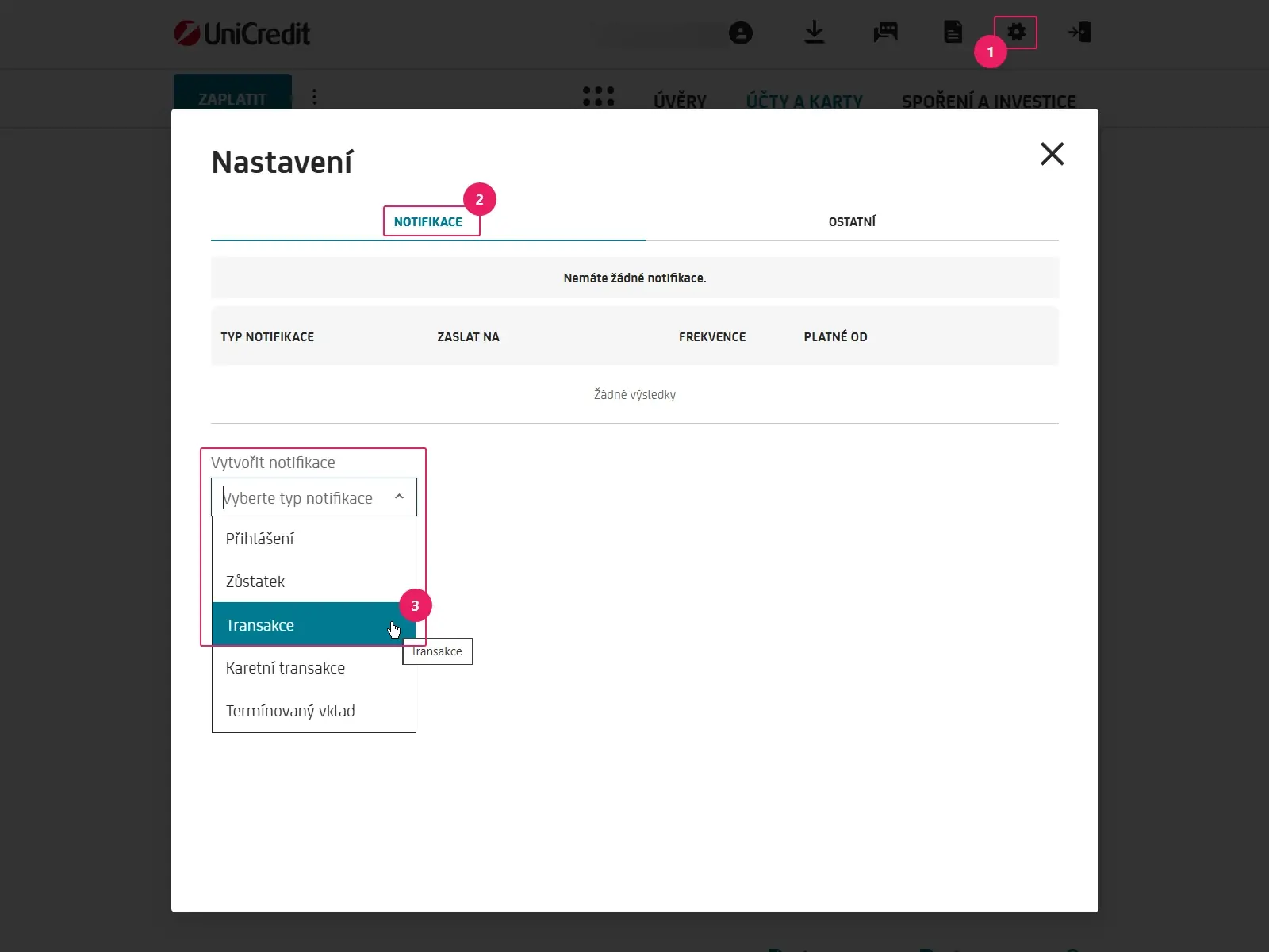 Internetové bankovnictví UniCredit Bank: záložka Notifikace, výběr typu Transakce