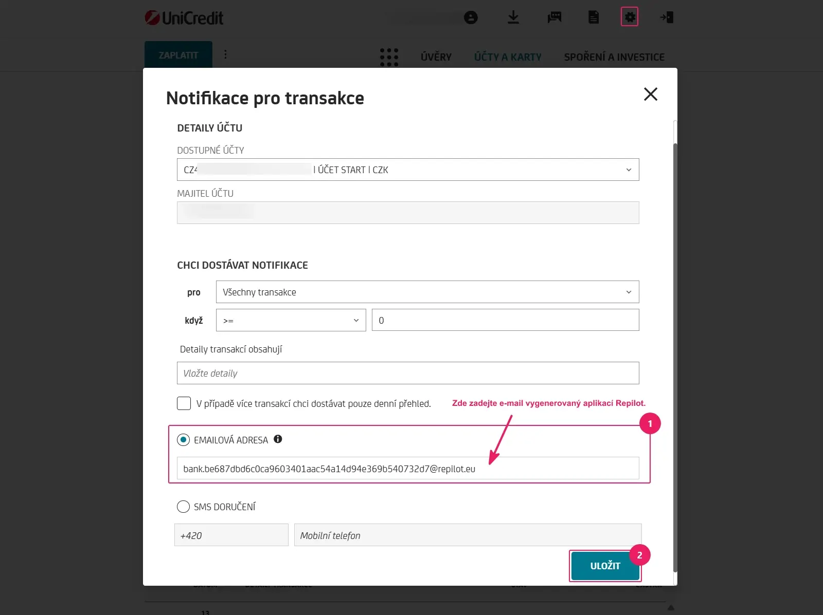 Internetové bankovnictví UniCredit Bank: vyplnění e‑mailu z Repilotu a uložení notifikace