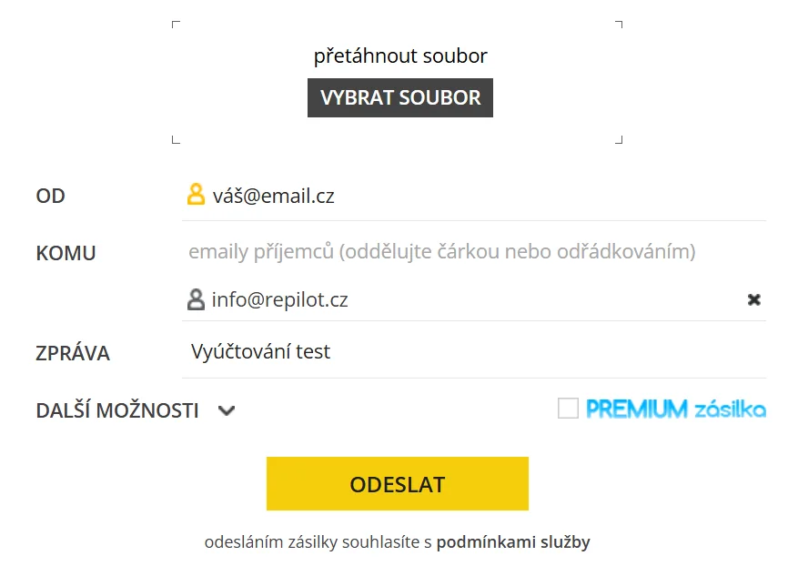 Úschovna.cz: formulář pro odeslání souboru s příjemcem info@repilot.cz a zprávou Vyúčtování test