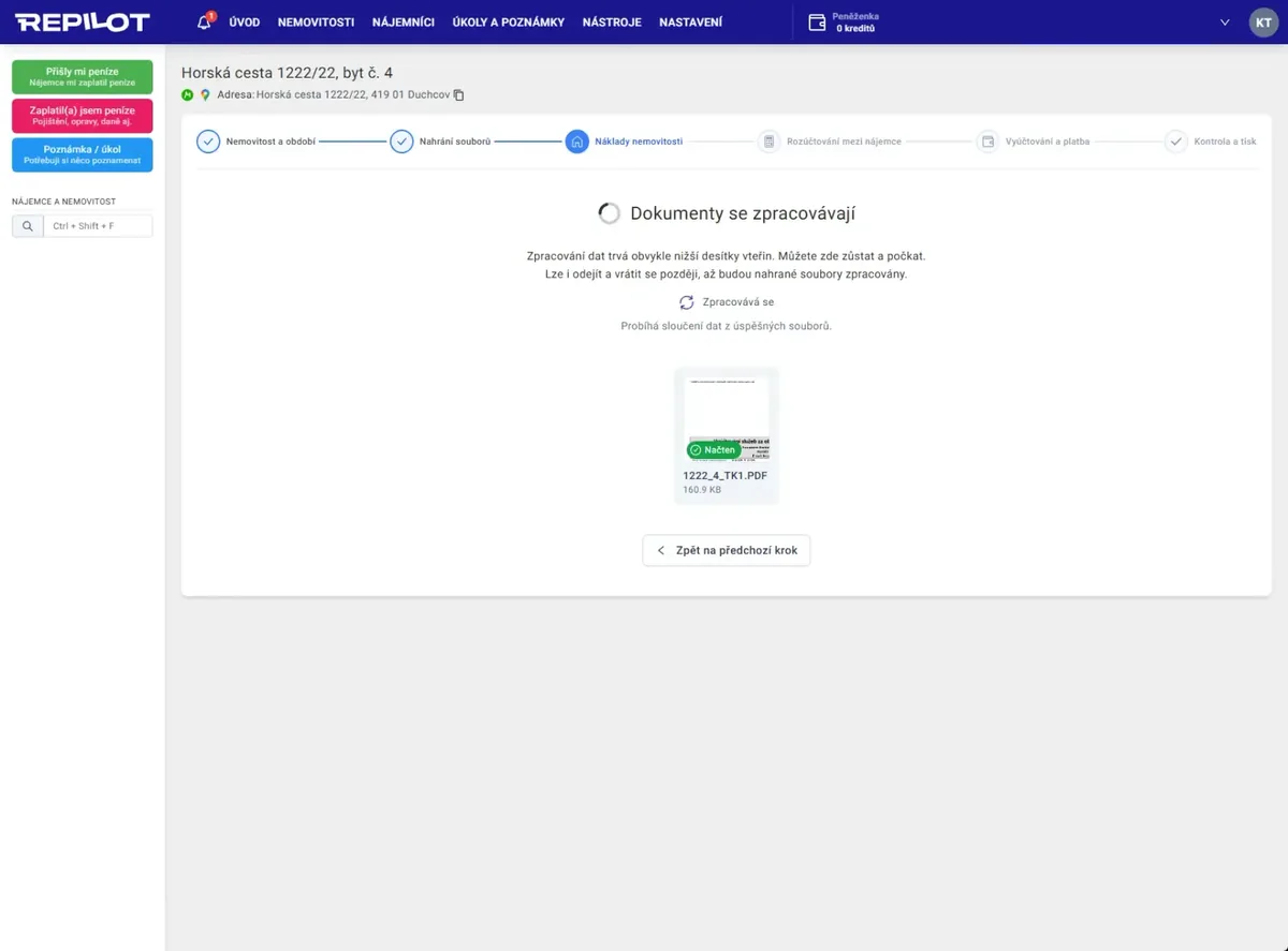Průvodce vyúčtováním v Repilotu: hlášení Dokumenty se zpracovávají, nahrané PDF je označené štítkem Načten